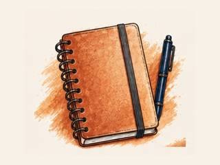 Watercolor orange spiral notebook with a navy pen beside it